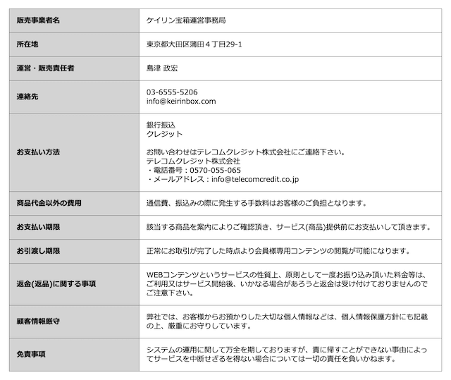 ケイリン宝箱の特商法