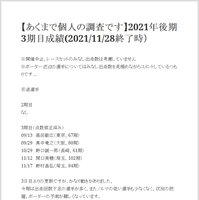 競輪明るくないの投稿_2021年後期3期目成績