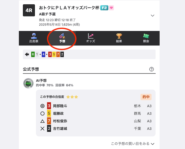 ウィンチケットAI予想の画面