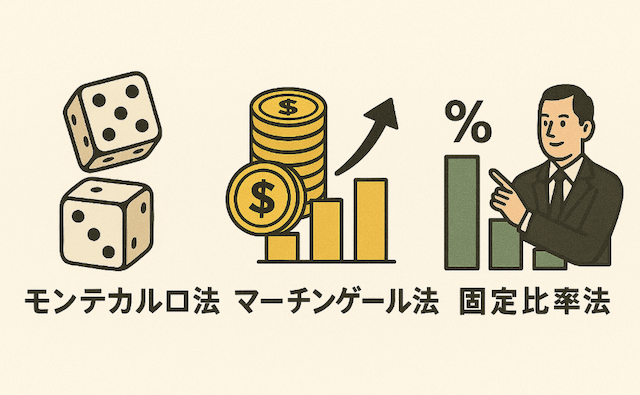 「モンテカルロ法」「マーチンゲール法」「固定比率法」