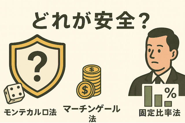 「モンテカルロ法」「マーチンゲール法」「固定比率法」