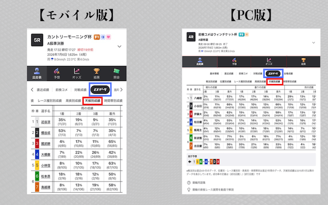 WINTICKETで天候別成績の表示方法
